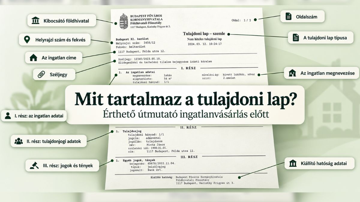 A tulajdoni lap felépítését bemutató ábra az ingatlan adataival, a tulajdonjogi bejegyzésekkel, a széljeggyel és a terhekkel